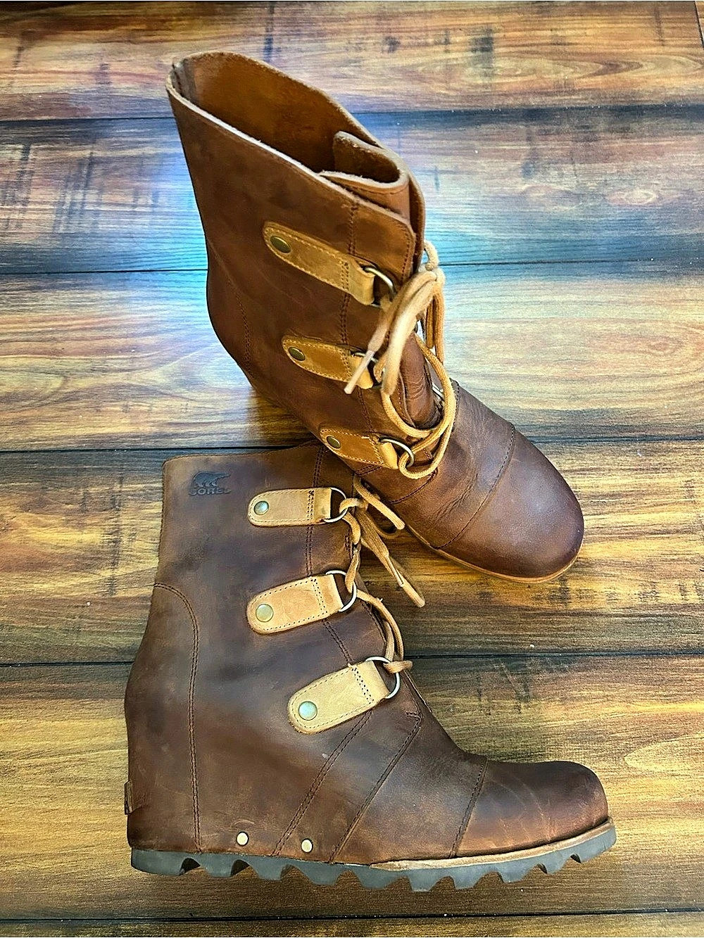 Sorel Joan of Arctic Wedge Lace Boot Brown Leather Sz 10